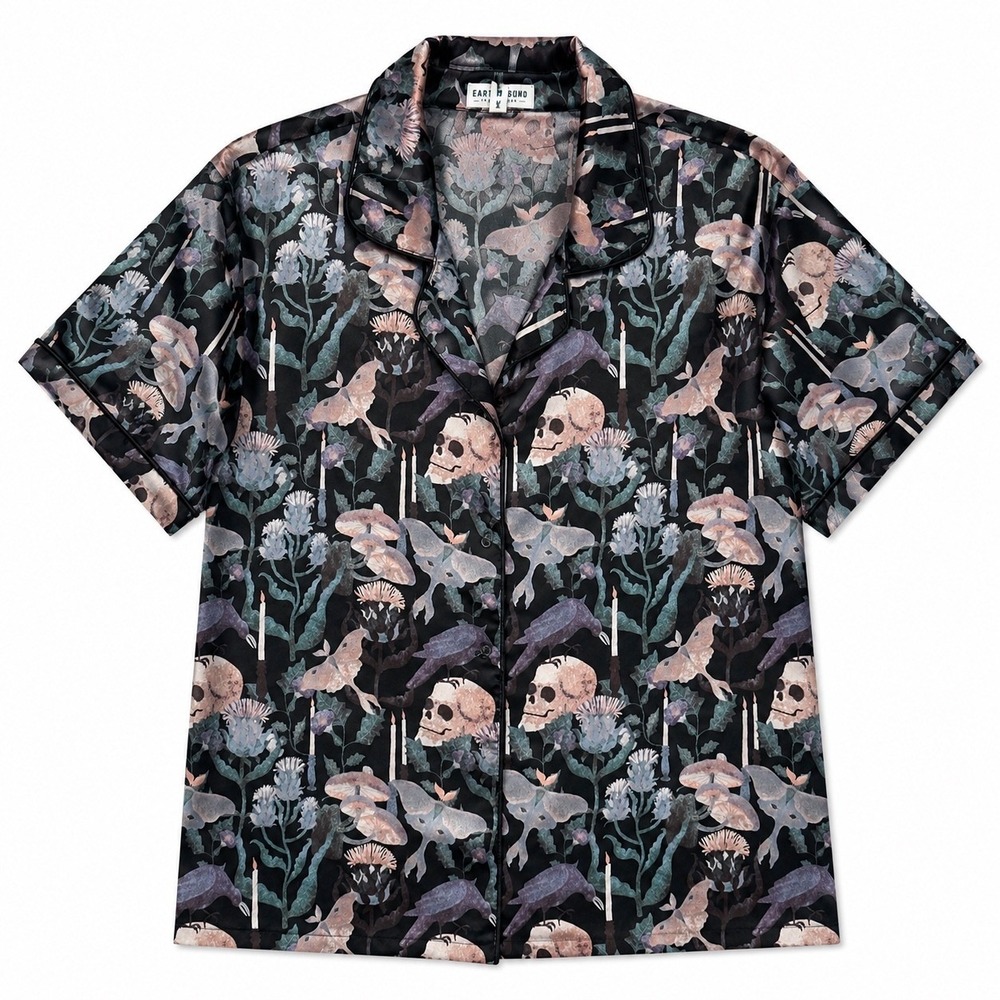 Earthbound Trading Skull Moth Raven Shirt Womens Size L Black Gothic Satin